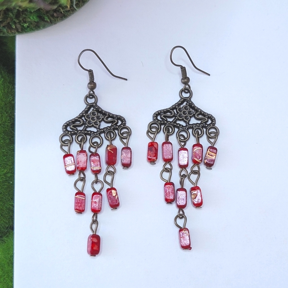 NWOT Western Boho Red Gold Bead Chandelier Drop Earrings
